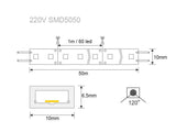 Tira led DUAL, blanco cálido y blanco frío en cada chip led. Se conecta directamente a la red eléctrica de 220V mediante un alimentador, posibilidad de seleccionar cualquiera de los dos colores, o los dos a la vez, ofreciendo el doble de luminosidad y un color blanco neutro.