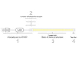 Cable rectificador que permite conectar de manera directa la tira LED monocolor de alta tensión a la red eléctrica de 220V directamente, sin necesidad de transformadores ni ningún otro dispositivo adicional. Cada alimentador soporta un máximo de 50 metros de tira LED a 220V con chip SMD2835.