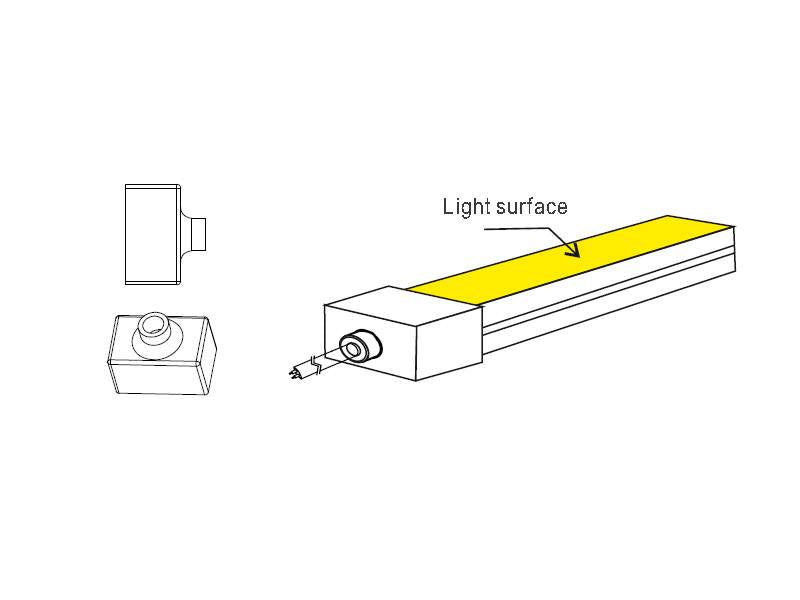 Tapa de inicio de línea pasar el cable de conexión por la parte frontal y conectar a la tira led en el tubo de silicona NEON. Se aconseja utilizar silicona pegamento o algún otro material adhesivo para fijarlo.