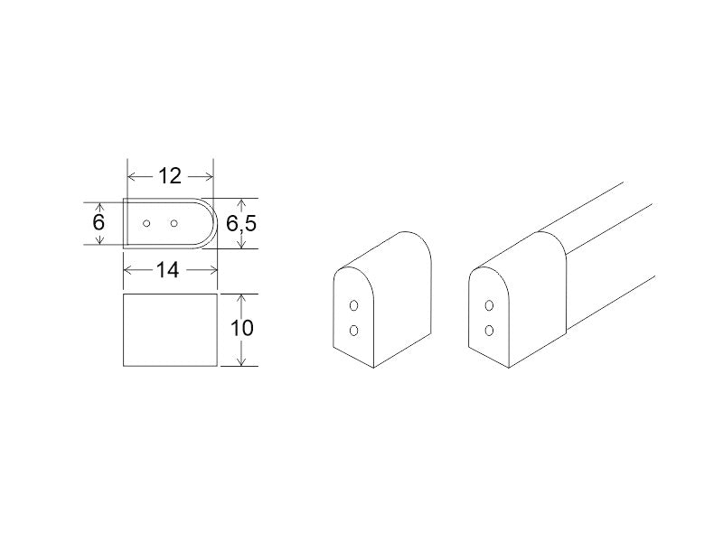 Tapa de inicio de línea específica que permite sellar el extremo del LED NEON silicona 6x12mm. Se aconseja utilizar pegamento o algún otro material adhesivo para fijarlo.