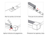 Tapa de inicio de línea pasar el cable de conexión por la parte frontal y conectar a la tira led en el tubo de silicona NEON. Se aconseja utilizar silicona pegamento o algún otro material adhesivo para fijarlo.