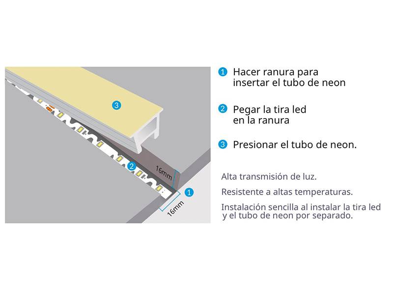 Nuevo diseño de tubo de silicona encastrable para conseguir espectaculares ambientes en diseño y decoración. La tira led se pega en la ranura y solo hay que presionar el tubo led encima, por lo que la instalación es muy sencilla. El tubo de NEON luminoso ofrece una perfecta difusión de la luz. Ideal para decoración, perfilar con luz, rotulación, interiorismo, etc.