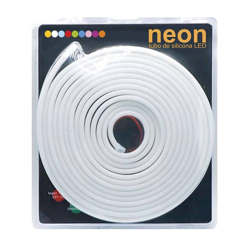 Nuevo LED NEON fabricado con silicona de alta calidad con protección UV y alimentación DC24V y tamaño de 6x12mm. Permite el corte cada 1 cm de longitud. Es un producto innovador que reemplaza con un éxito rotundo a las luces de neón de cristal tradicional ofreciendo múltiples ventajas. Incorpora el potente chip led SMD2835 de EPISTAR. Presentado en blister de 5 metros con cables para conectar.