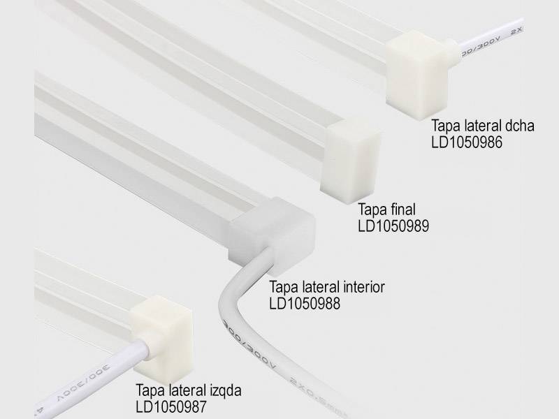 Tapa de inicio de línea pasar el cable de conexión por la parte lateral izquierda y conectar a la tira led en el tubo de silicona NEON. Se aconseja utilizar silicona pegamento o algún otro material adhesivo para fijarlo.