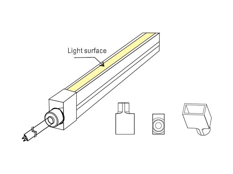 Tapa de inicio de línea pasar el cable de conexión por la parte frontal y conectar a la tira led en el tubo de silicona NEON. Se aconseja utilizar silicona pegamento o algún otro material adhesivo para fijarlo.