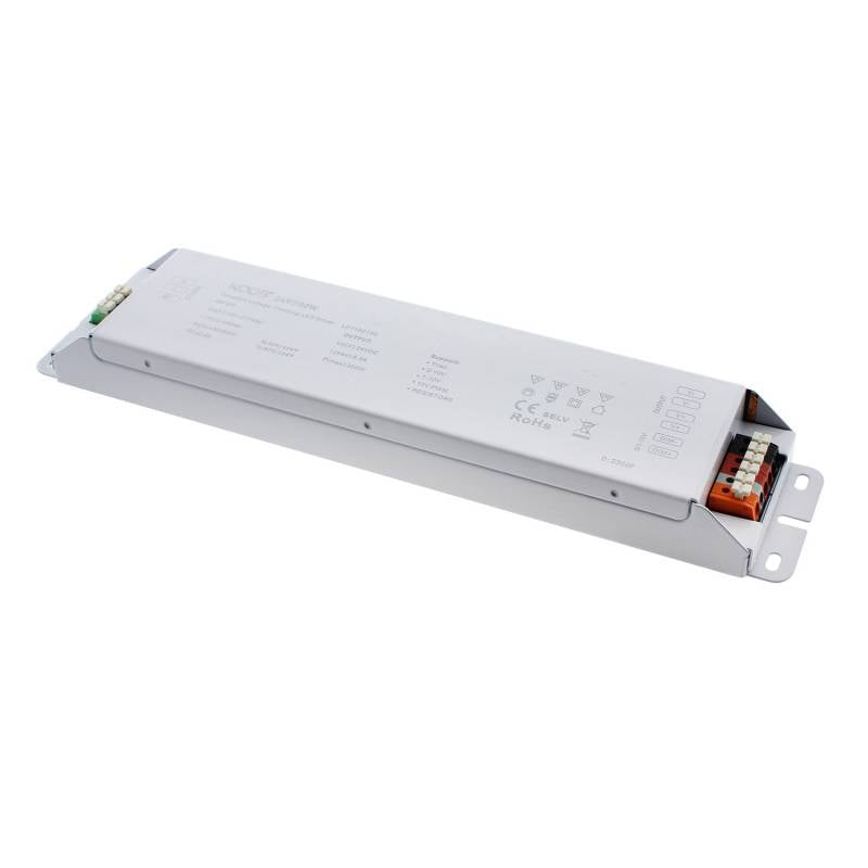 Fuente de alimentación SLIM con regulación 5 en 1: 0-10V, 1-10V, 10V PWM, TRIAC DIM, Resistance DIM. Libre de parpadeo, regulación 0-100%, Regulación led 1%. Ideal para regulación de tiras led DC24V, con posibilidad de añadir sondas crepusculares 0-10V, mandos y reguladores 0-10V, TRIAC, etc.