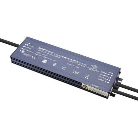 Fuente de alimentación con protección contra el agua IP67 y regulación 5 en 1: 0-10V, 1-10V, 10V PWM, TRIAC DIM, Resistance DIM. Libre de parpadeo, regulación 0-100%, Regulación led 1%. Ideal para regulación de tiras led DC24V, con posibilidad de añadir sondas crepusculares 0-10V, mandos y reguladores 0-10V, TRIAC, etc.