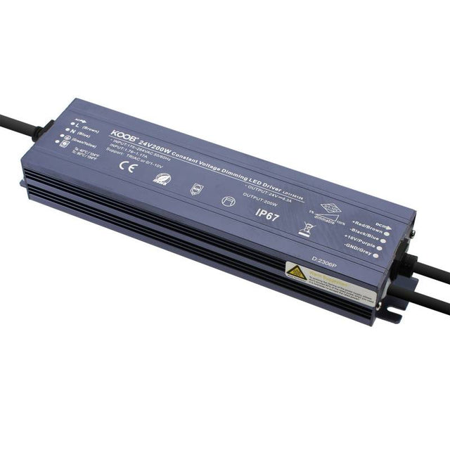 Fuente de alimentación con protección contra el agua IP67 y regulación 5 en 1: 0-10V, 1-10V, 10V PWM, TRIAC DIM, Resistance DIM. Libre de parpadeo, regulación 0-100%, Regulación led 1%. Ideal para regulación de tiras led DC24V, con posibilidad de añadir sondas crepusculares 0-10V, mandos y reguladores 0-10V, TRIAC, etc.