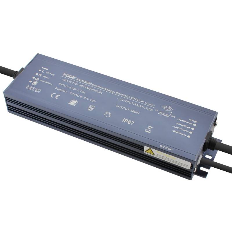 Fuente de alimentación con protección contra el agua IP67 y regulación 5 en 1: 0-10V, 1-10V, 10V PWM, TRIAC DIM, Resistance DIM. Libre de parpadeo, regulación 0-100%, Regulación led 1%. Ideal para regulación de tiras led DC24V, con posibilidad de añadir sondas crepusculares 0-10V, mandos y reguladores 0-10V, TRIAC, etc.