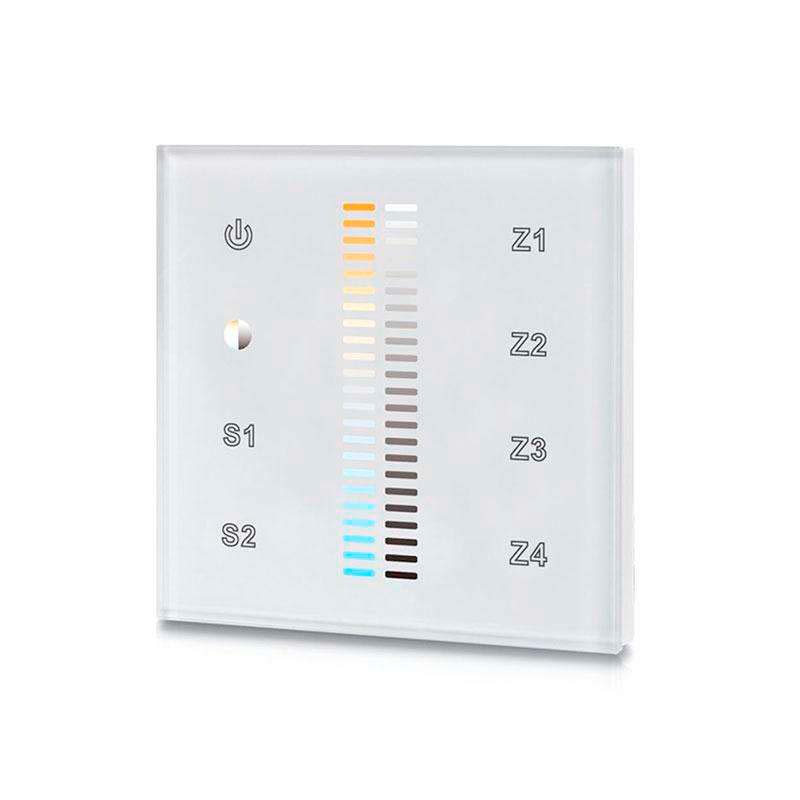 Controlador de pared con pantalla de cristal táctil de gran precisión para un control profesional de tiras led blanco dual. Compatible con los receptores de la serie LB1009