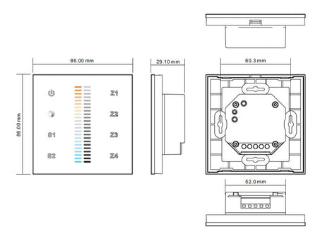 Controlador de pared con pantalla de cristal táctil de gran precisión para un control profesional de tiras led blanco dual. Compatible con los receptores de la serie LB1009