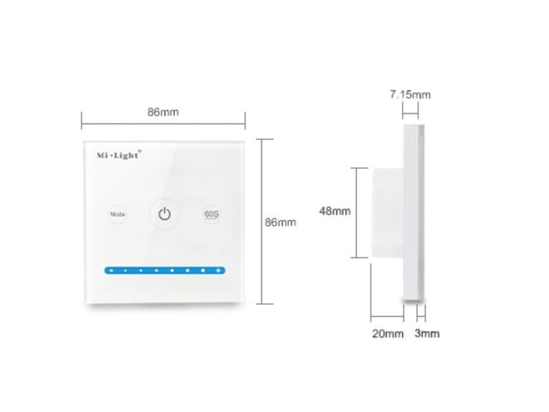 Controlador empotrable de panel táctil de gran calidad y cuidado diseño. Ideal para el control de la intensidad de las tiras Led monocolor. Se puede encender/apagar, ajustar el brillo, seleccionar diferentes efectos de iluminación y temporizador a través del panel táctil.