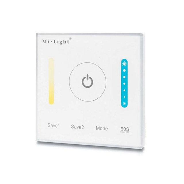 Controlador empotrable de panel táctil de gran calidad y cuidado diseño. Ideal para el control de la intensidad de las tiras Led blanco dual. Se puede encender/apagar, ajustar el brillo y temperatura de color, seleccionar diferentes efectos de iluminación y temporizador a través del panel táctil.