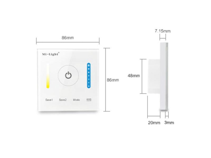 Controlador empotrable de panel táctil de gran calidad y cuidado diseño. Ideal para el control de la intensidad de las tiras Led blanco dual. Se puede encender/apagar, ajustar el brillo y temperatura de color, seleccionar diferentes efectos de iluminación y temporizador a través del panel táctil.