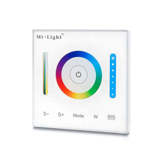 Controlador empotrable de panel táctil de gran calidad y cuidado diseño. Ideal para el control de la intensidad de las tiras Led RGB / RGB+CCT. Se puede encender/apagar, ajustar el color, brillo y temperatura de color, seleccionar diferentes efectos de iluminación y temporizador a través del panel táctil.