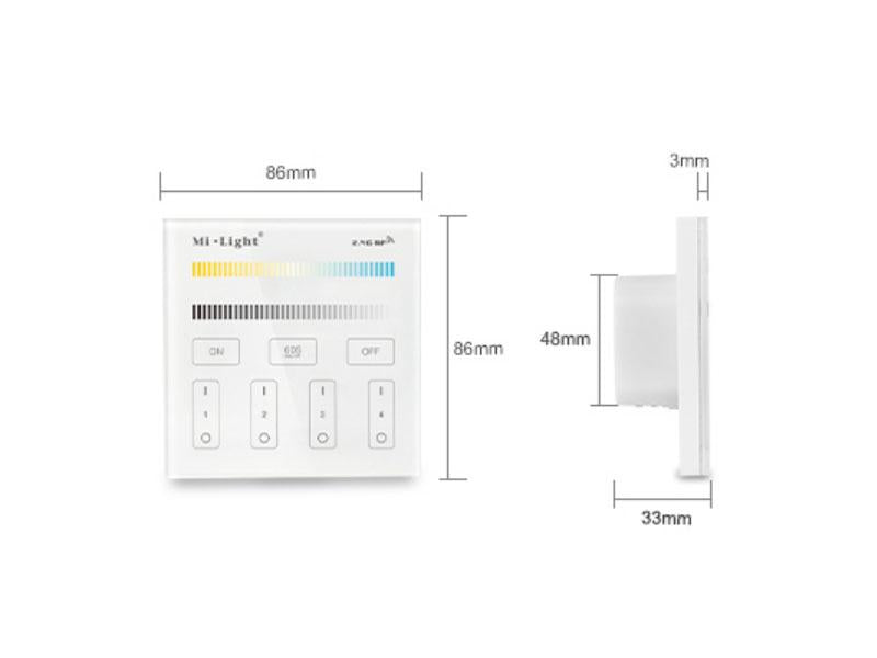 Control remoto empotrado de pared con pantalla de cristal táctil de gran precisión para un control profesional de tiras led blanco dual CCT. Permite el control de 4 zonas.