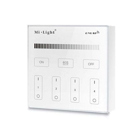 Control remoto de pared con pantalla de cristal táctil de gran precisión para un control profesional de tiras led monocolor. Permite el control de 4 zonas. Se alimenta con 2 pilas tipo AAA y es posible ponerlo en cualquier superfice sin necesidad de empotrarlo.