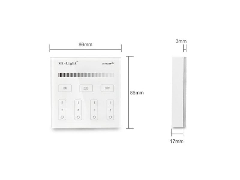 Control remoto de pared con pantalla de cristal táctil de gran precisión para un control profesional de tiras led monocolor. Permite el control de 4 zonas. Se alimenta con 2 pilas tipo AAA y es posible ponerlo en cualquier superfice sin necesidad de empotrarlo.