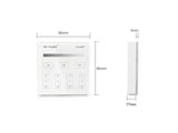 Control remoto de pared con pantalla de cristal táctil de gran precisión para un control profesional de tiras led monocolor. Permite el control de 4 zonas. Se alimenta con 2 pilas tipo AAA y es posible ponerlo en cualquier superfice sin necesidad de empotrarlo.