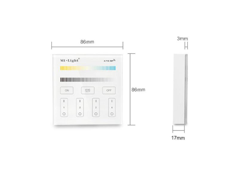 Control remoto de pared con pantalla de cristal táctil de gran precisión para un control profesional de tiras led blanco dual CCT. Permite el control de 4 zonas. Se alimenta con 2 pilas tipo AAA y es posible ponerlo en cualquier superfice sin necesidad de empotrarlo.