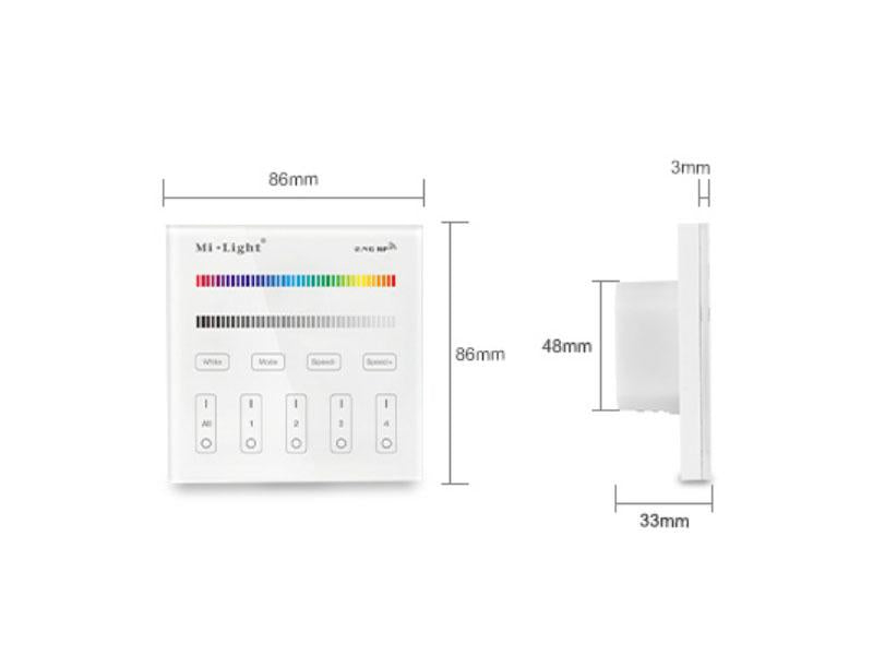 El Mando Táctil T3 es un control remoto empotrado de pared con pantalla de cristal táctil de gran precisión para un control profesional de tiras LED RGB/RGBW. Permite el control de 4 zonas  independientes.