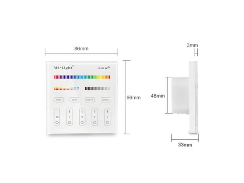 El Mando RGB T4 es un control remoto empotrado de pared con pantalla de cristal táctil de gran precisión para un control profesional de tiras led RGB + CCT blanco dual. Permite el control de 4 zonas.