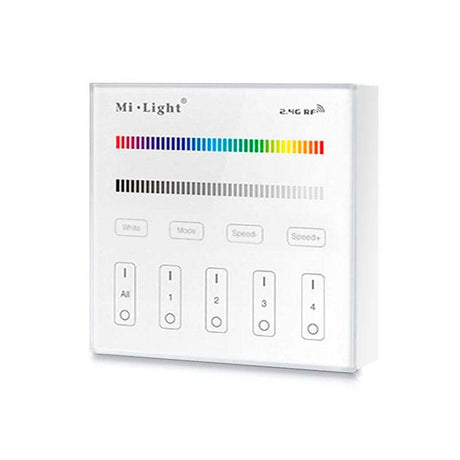 Control remoto de pared con pantalla de cristal táctil de gran precisión para un control profesional de tiras led RGB/RGBW. Permite el control de 4 zonas. Se alimenta con 2 pilas tipo AAA y es posible ponerlo en cualquier superfice sin necesidad de empotrarlo.