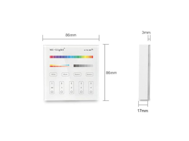 El Mando B4 es un control remoto de pared con pantalla de cristal táctil de gran precisión para un control profesional de tiras led RGB + CCT blanco dual. Permite el control de 4 zonas. Se alimenta con 2 pilas tipo AAA y es posible ponerlo en cualquier superficie sin necesidad de empotrar.