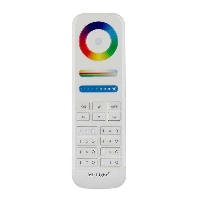 Mando a distancia RF 2.4Ghz. En combinación con un controlador compatible permite el control de cualquier tipo de tira led RGBW, RGB, CCT DUAL y MONO. Permite controlar hasta 8 zonas diferentes. Con teclado táctil.