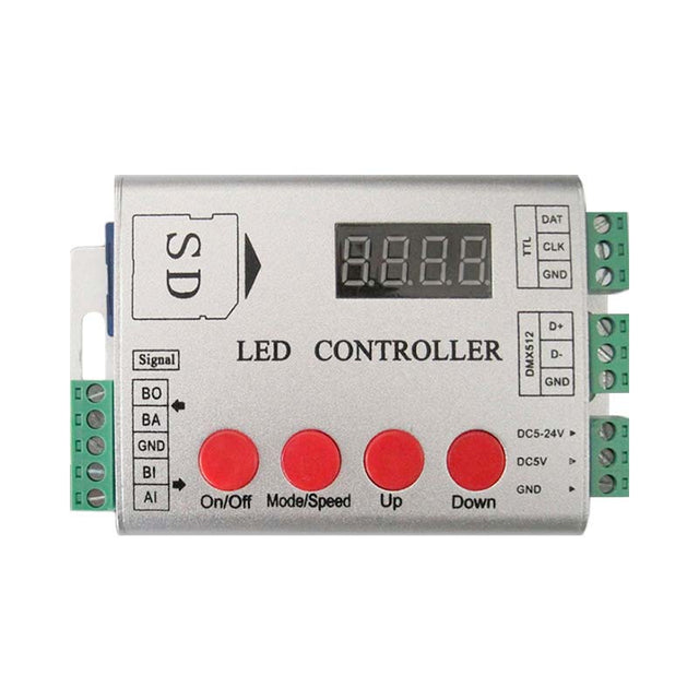 Controlador DREAM RGB para Pixel LED de bajo voltaje. Permite el control individual de cada Pixel led con una potencia de hasta 600W. Dispone de SD Card donde poder grabar los efectos pre-programados.