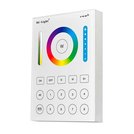 El Mando 8 zonas RGB+CCT táctil B8 es un control remoto de pared con pantalla de cristal táctil de gran precisión para un control profesional de tiras led RGB + CCT blanco dual. el mando a distancia permite el control de 8 zonas. Se alimenta con 2 pilas tipo AAA o con adaptador de corriente opcional.