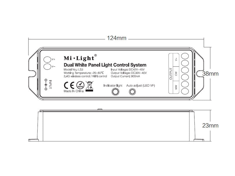 Controlador específico para paneles led con entrada DC30-40C, 900mA. En combinación con un mando permite regular la intensidad y temperatura, apagado/encendido de un panel led. Con un mismo mando es posible controlar todos los controladores a su alcance.