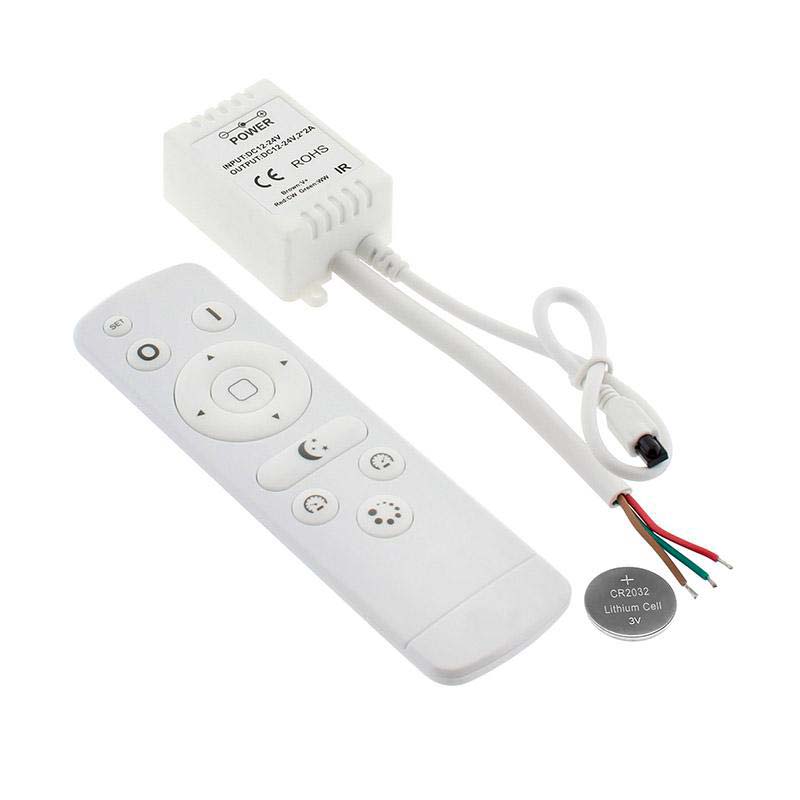 Kit que incluye controlador y mando a ditancia IR para tiras LED CCT (blanco dual 3000-6000K). Su mando a distancia de cuidado diseño y múltiples funciones: encendido/apagado, regulación de color de luz, intensidad, efectos, función noche, temporizador, etc.