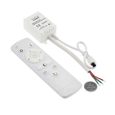 Kit que incluye controlador y mando a ditancia IR para tiras LED CCT (blanco dual 3000-6000K). Su mando a distancia de cuidado diseño y múltiples funciones: encendido/apagado, regulación de color de luz, intensidad, efectos, función noche, temporizador, etc.