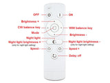 Kit que incluye controlador y mando a ditancia IR para tiras LED CCT (blanco dual 3000-6000K). Su mando a distancia de cuidado diseño y múltiples funciones: encendido/apagado, regulación de color de luz, intensidad, efectos, función noche, temporizador, etc.