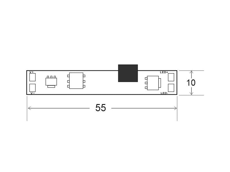 Sensor IR de reducido tamaño (55x10mm) para instalar en un perfil que se conecta directamente a la tira led monocolor y permite encenderla automáticamente cuando detecta movimiento (puerta abierta). La posición acodada del sensor permite su instalación para nuevas aplicaciones.