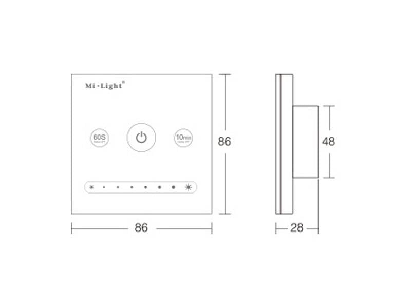 Panel táctil empotrable de gran calidad y cuidado diseño, con señal de salida 0-10V que permite un control profesional de dispositivos led con este tipo de regulación.