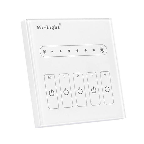 Panel táctil empotrable de gran calidad y cuidado diseño, con señal de salida 0-10V que permite un control profesional de dispositivos led con este tipo de regulación. Control de 4 zonas de forma individual o en conjunto.