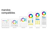 Controlador RGB+CCT específico para paneles LED. En combinación con un mando a distancia permite regular la intensidad, color y temperatura, apagado/encendido de un panel led. Con un mismo mando es posible controlar todos los controladores a su alcance.