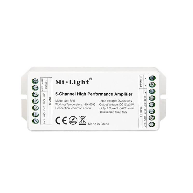 Amplificador de señal para tiras LED hasta 5 canales, para tiras monocolor, blanco dual, RGB o RGB+CCT. Necesario para instalación de tiras LED que superen los 8 metros de longitud o donde la señal necesita más potencia.