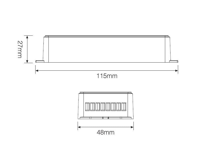 Amplificador de señal para tiras LED hasta 5 canales, para tiras monocolor, blanco dual, RGB o RGB+CCT. Necesario para instalación de tiras LED que superen los 8 metros de longitud o donde la señal necesita más potencia.