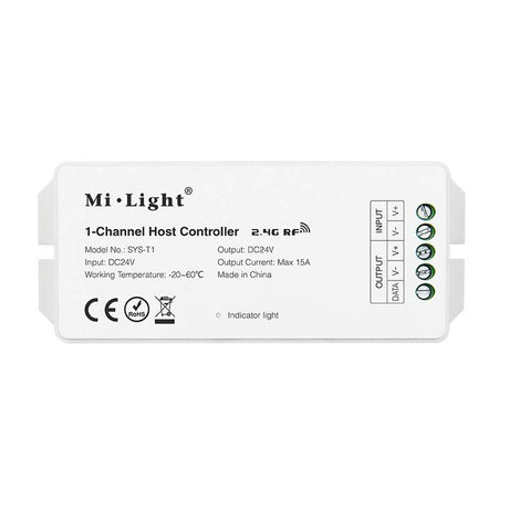 Controlador inalámbrico 2.4Ghz RF, de bajo consumo, anti-interferencias y transmisión a larga distancia. Compatible con WiFi App IOS o Android (necesita iBox) y DMX512 (necesita transmisor DMX). Función de transmisión automática y sincronización automática. Compatible con todos los productos de tecnología SYS.