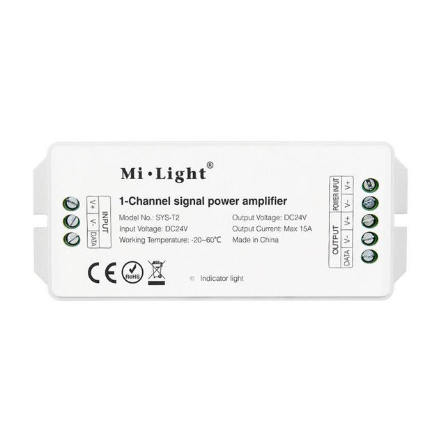 Amplificador para el sistema SYS. En combinación con el controlador SYS-T1 permite ampliar la instalación al doble de capacidad consiguiendo realizar instalaciones con un número ilimitado de luminarias compatibles son el sistema SYS.