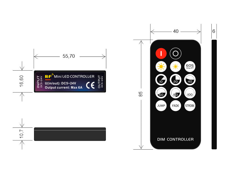 Nuevo Dimmer de reducido tamaño con sensor RF que se conecta directamente a la tira led monocolor y permite regular la intensidad de luz de forma fácil y cómoda mediante el mando a distancia incluido.