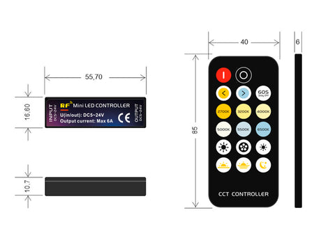 Kit que incluye controlador y mando a ditancia RF para tiras LED CCT (blanco dual 3000-6000K). Su mando a distancia de cuidado diseño y múltiples funciones: encendido/apagado, regulación de color de luz, intensidad, efectos, función noche, temporizador, etc.