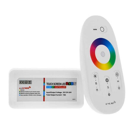 Completo controlador con botonera táctil y control remoto RF. Compatible con el Controlador HUB Wi-Fi LED, por lo que puede recibir las órdenes de forma inalámbrica y controlar la intensidad, color y modos de las diferentes luminarias RGBW (Tiras RGB + blanco)de 12/24VDC conectadas.
