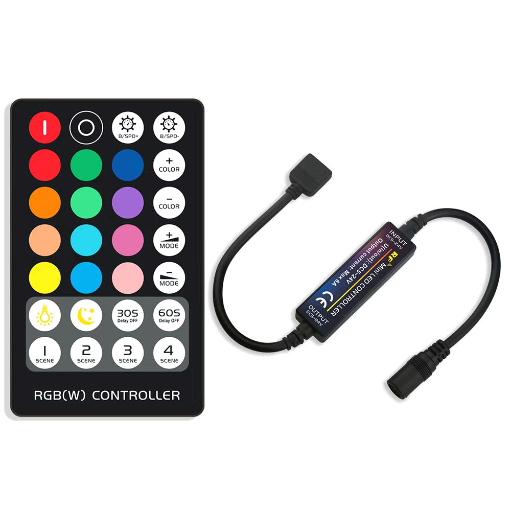 Kit que incluye controlador y mando a ditancia RF para tiras LED RGBW. Su mando a distancia de cuidado diseño y múltiples funciones: encendido/apagado, regulación de color de luz, intensidad, efectos, etc.