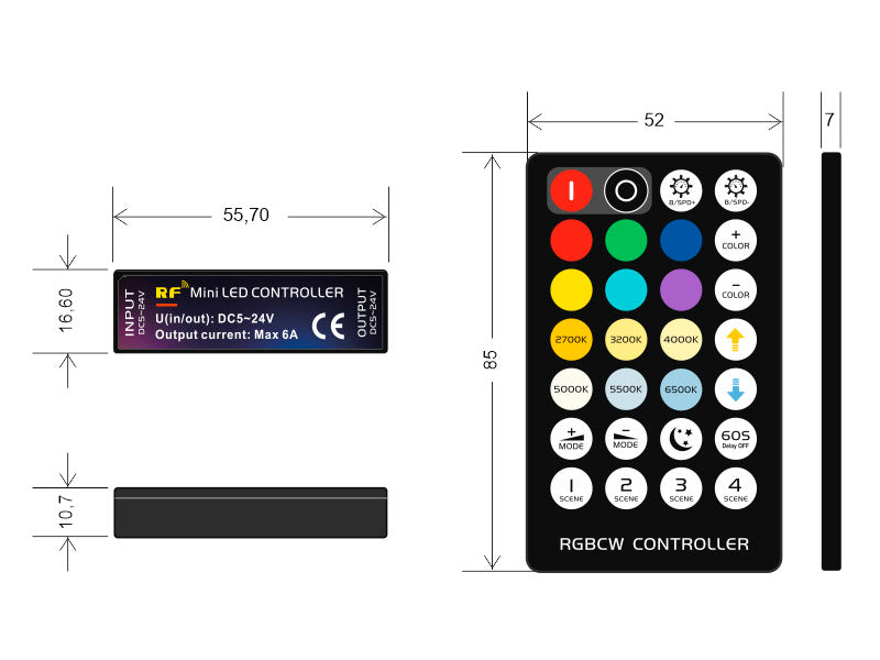 Kit que incluye controlador y mando a ditancia RF para tiras LED RGB+CCT. Su mando a distancia de cuidado diseño y múltiples funciones: encendido/apagado, regulación de color de luz, intensidad, efectos, etc.