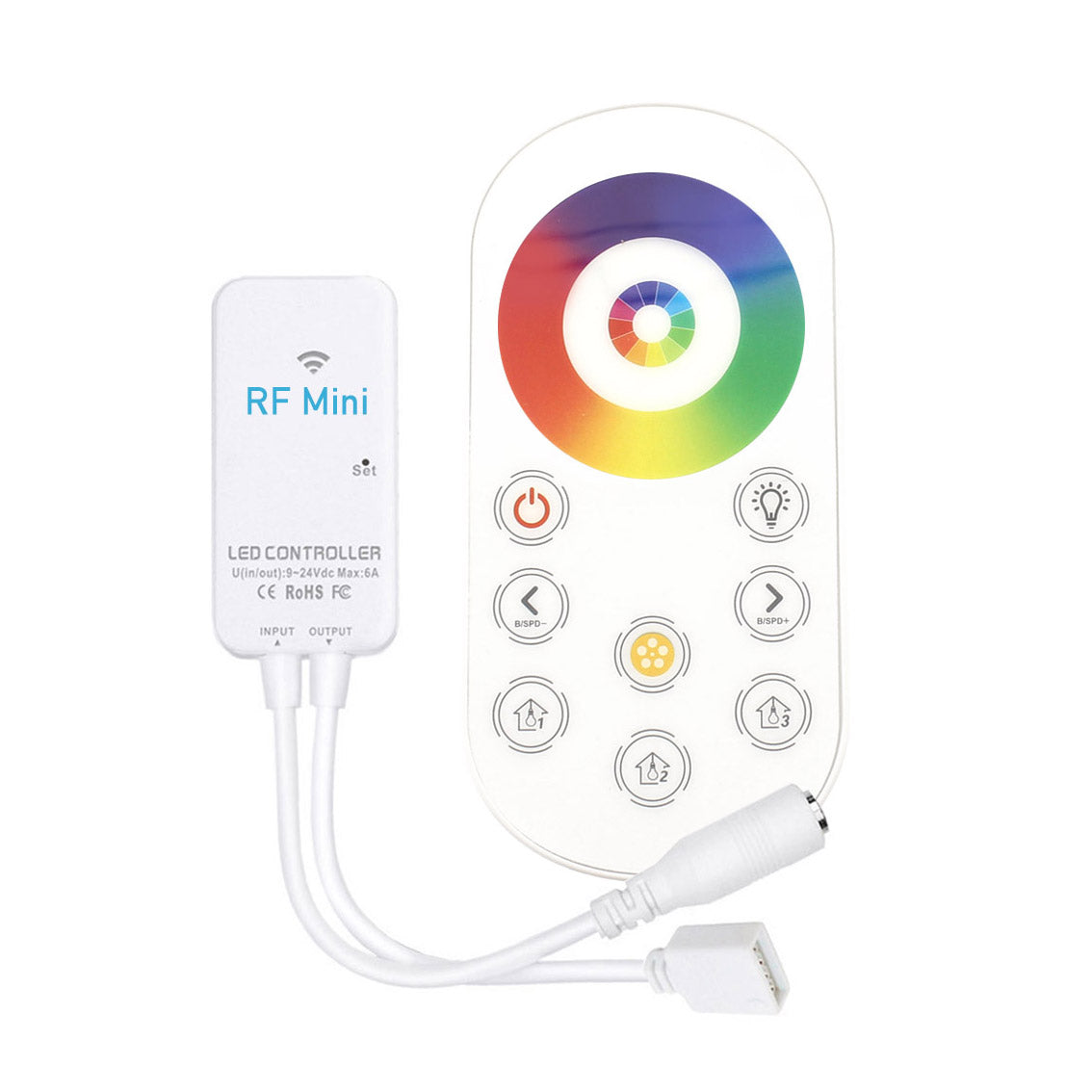 Kit que incluye controlador y mando a ditancia RF para tiras LED RGB. Su mando a distancia de cuidado diseño y múltiples funciones: encendido/apagado, regulación de color de luz, intensidad, efectos, etc.