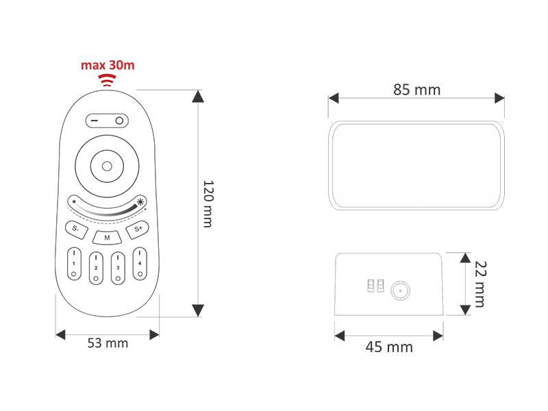 Completo controlador con botonera táctil y control remoto RF. Compatible con el Controlador HUB Wi-Fi LED, por lo que puede recibir las órdenes de forma inalámbrica y controlar la intensidad, color y modos de las diferentes luminarias RGBW (Tiras RGB + blanco)de 12/24VDC conectadas.